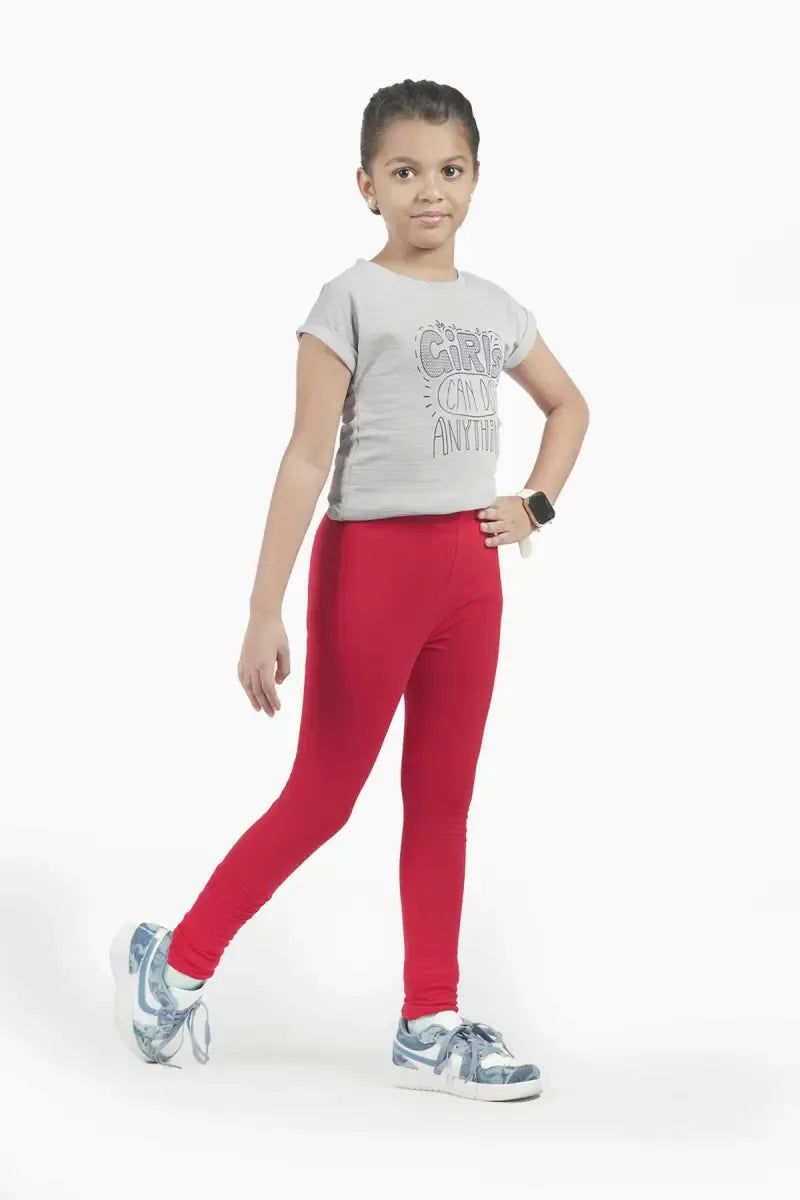 Girl's Cotton Lycra Blend Solid Leggings - Red - View 15