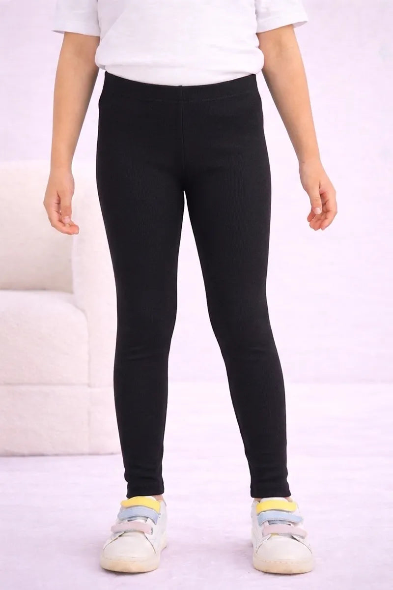 Girl's Cotton Lycra Blend Solid Leggings - Black - View 1