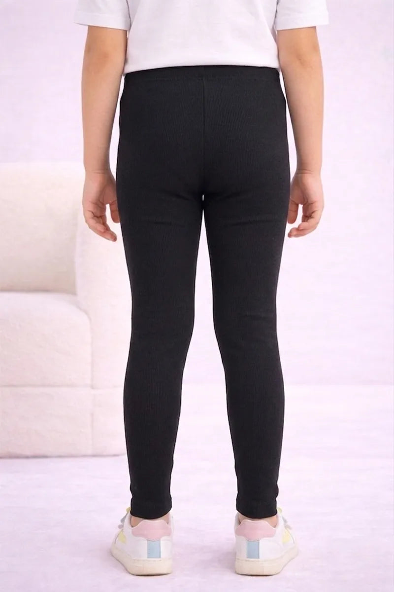 Girl's Cotton Lycra Blend Solid Leggings - Black - View 2