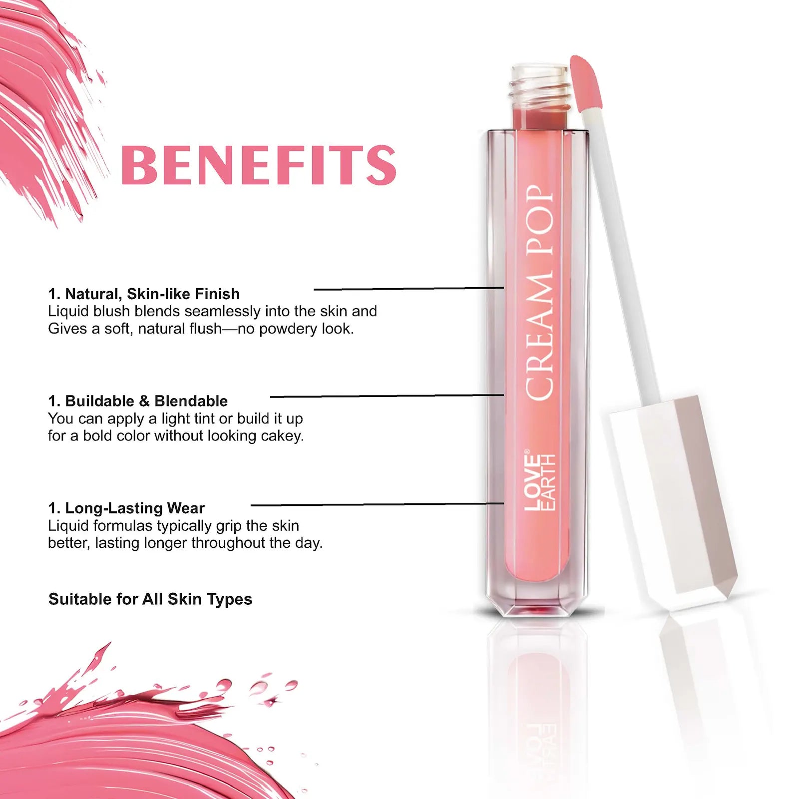 Love Earth Cream Pop Blush - Pack of 5 | Hyaluronic Acid | Smooth, Lightweight, Long-Lasting | Dewy Finish, Easily Blendable| Everyday Natural Glow | Suitable for All Skin Types - ( 2ML X 5 ) 10ML