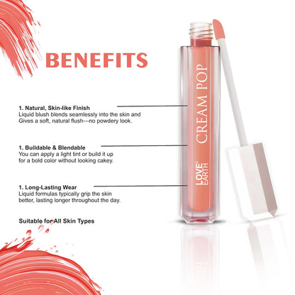 Love Earth Cream Pop Blush - Zinnia| Hyaluronic Acid | Smooth, Lightweight, Long-Lasting | Dewy Finish, Easily Blendable| Everyday Natural Glow | Suitable for All Skin Types -2ML