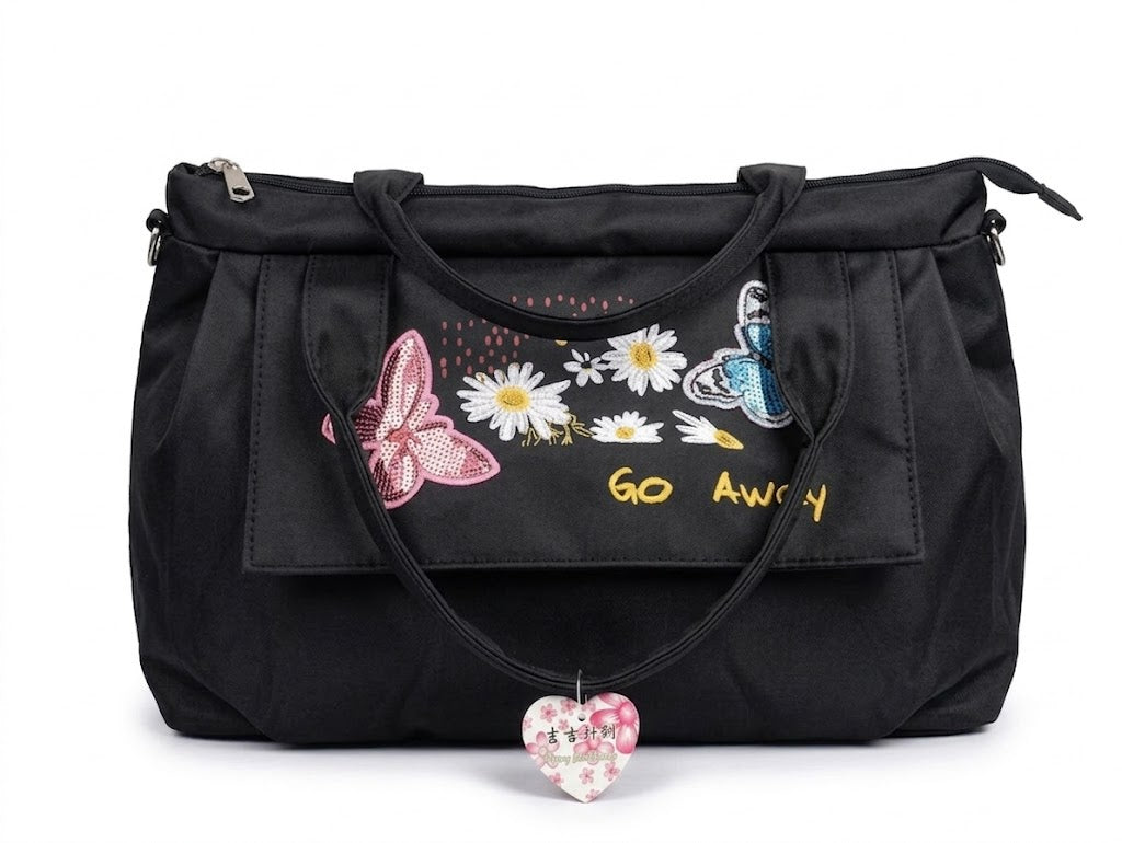 Buddy Cares Women Floral & Butterfly Embroidered Shoulder Bag | Adjustable Crossbody Strap – Black – view 3 – Buddy Cares