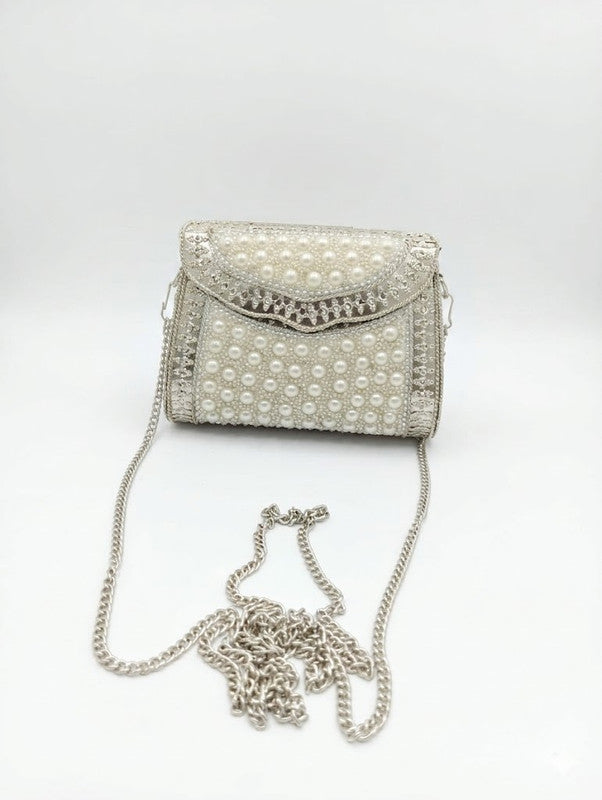 Buddy Cares Metal Bag for Women, Silver Pearl Embellished Clutch Purse with Chain Strap – Rectangular – view 3 – Buddy Cares