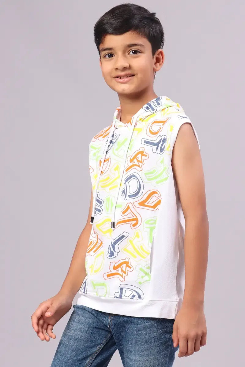 Boy's Cotton Printed Hoodie - White - View 3