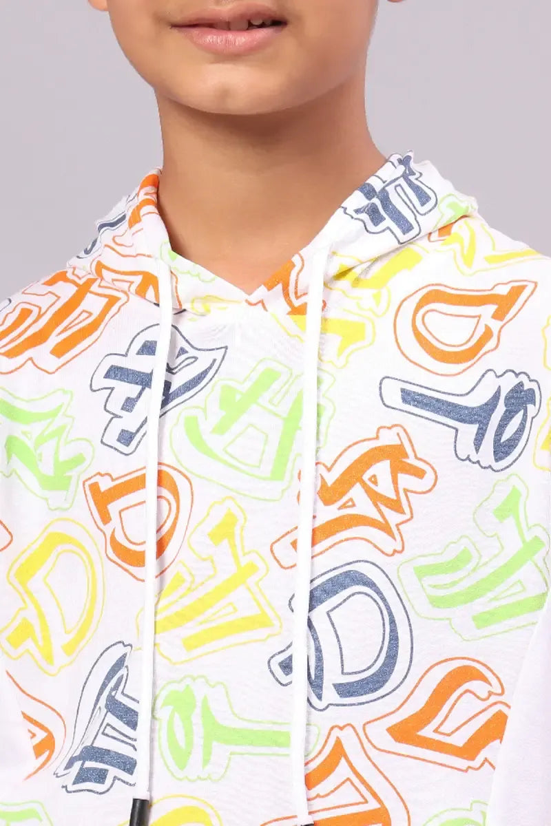 Boy's Cotton Printed Hoodie - White - View 4