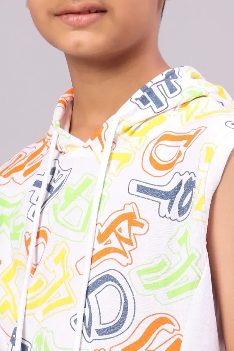 Boy's Cotton Printed Hoodie - White - View 5