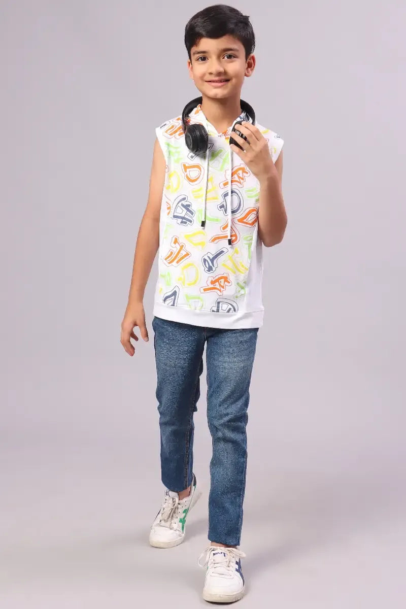 Boy's Cotton Printed Hoodie - White - View 6