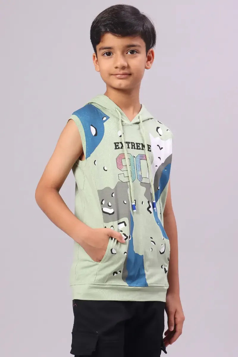 Cotton Printed Hoodie for Boy - Sea Green - View 3