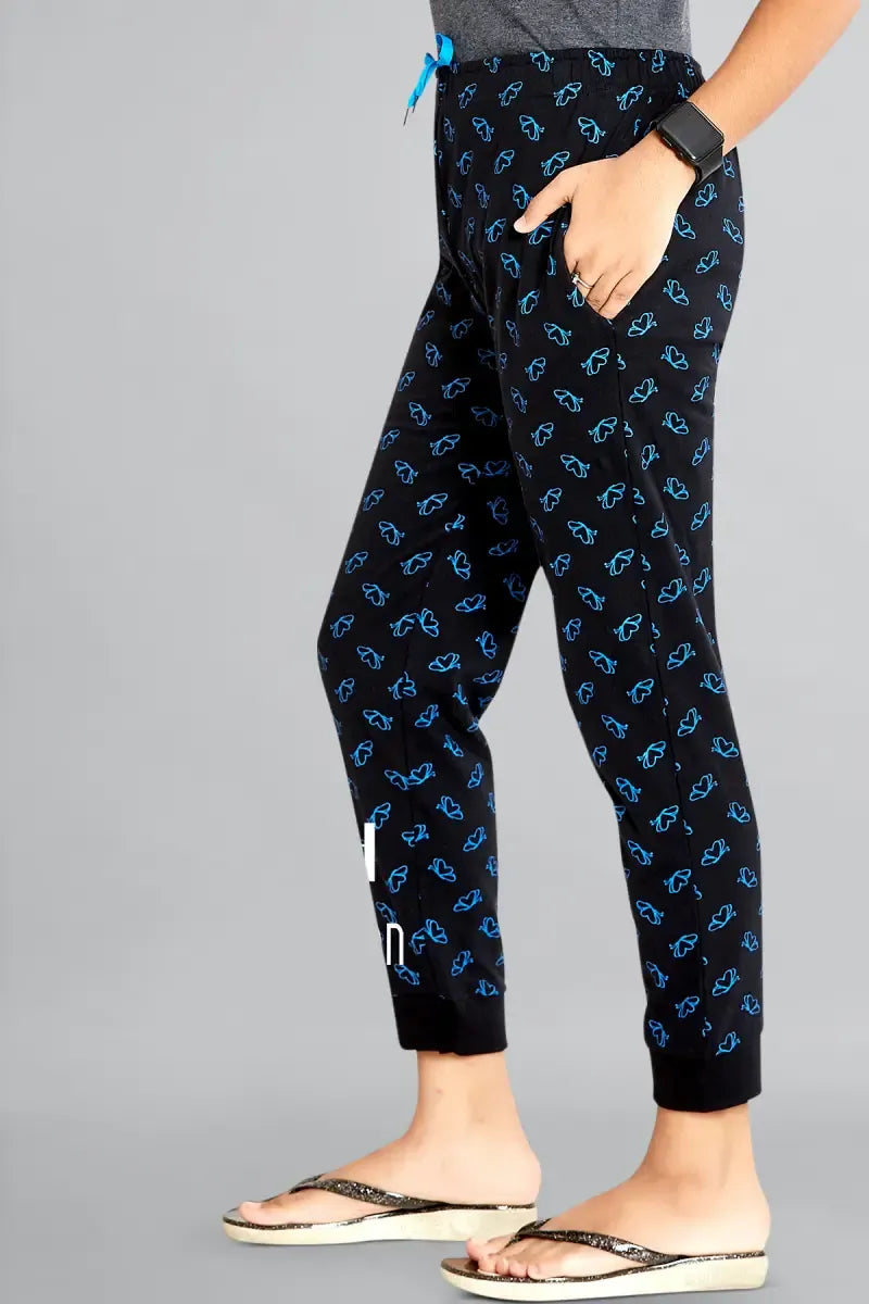 Girl's Cotton Hosiery Printed Track Pant - Black - View 1