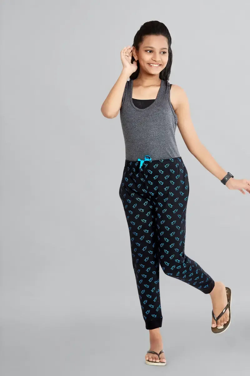 Girl's Cotton Hosiery Printed Track Pant - Black - View 2
