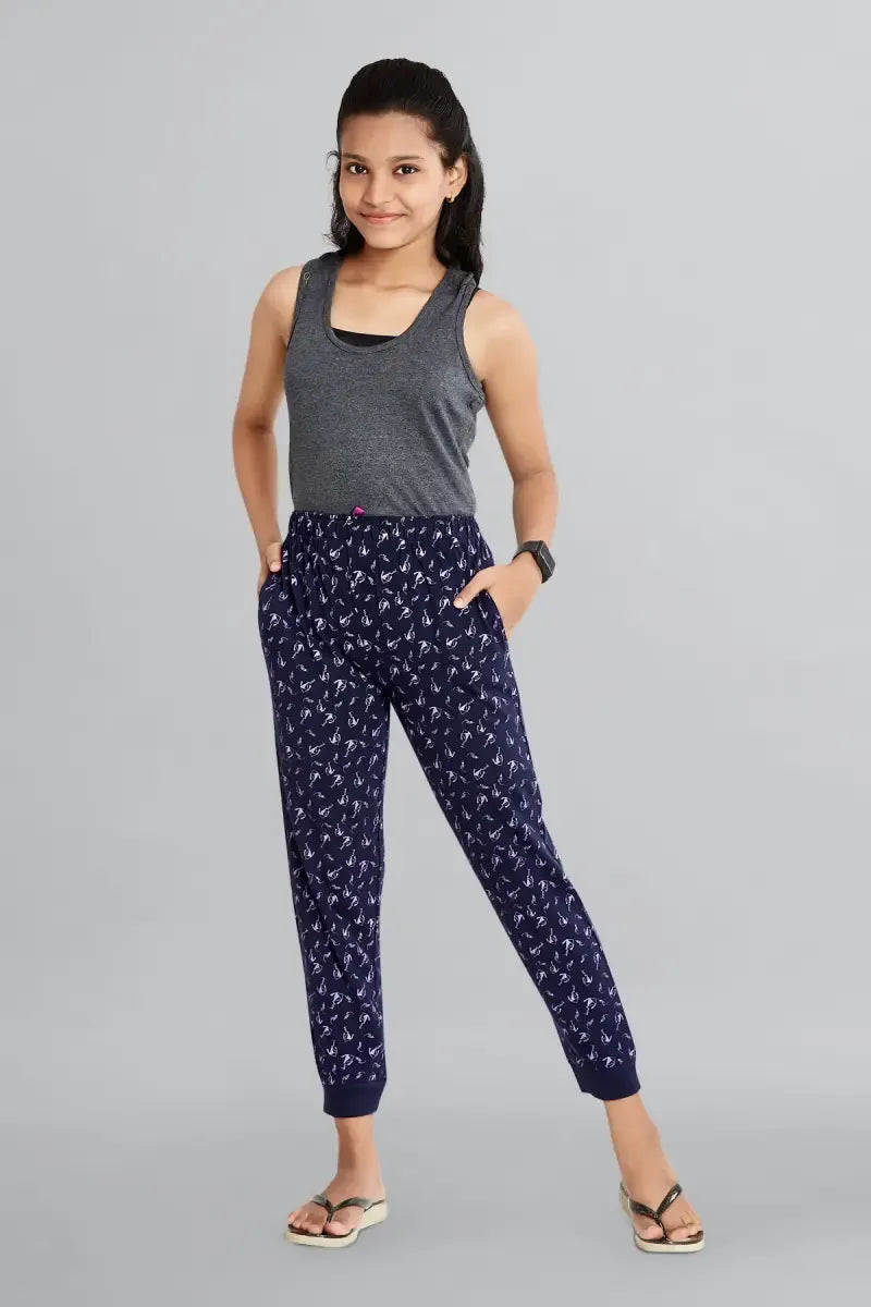 Girl's Cotton Hosiery Printed Track Pant - Oxford Blue - View 2