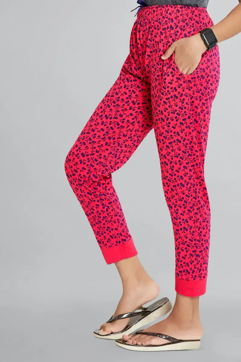 Girl's Cotton Hosiery Printed Track Pant - Rosewood - View 1