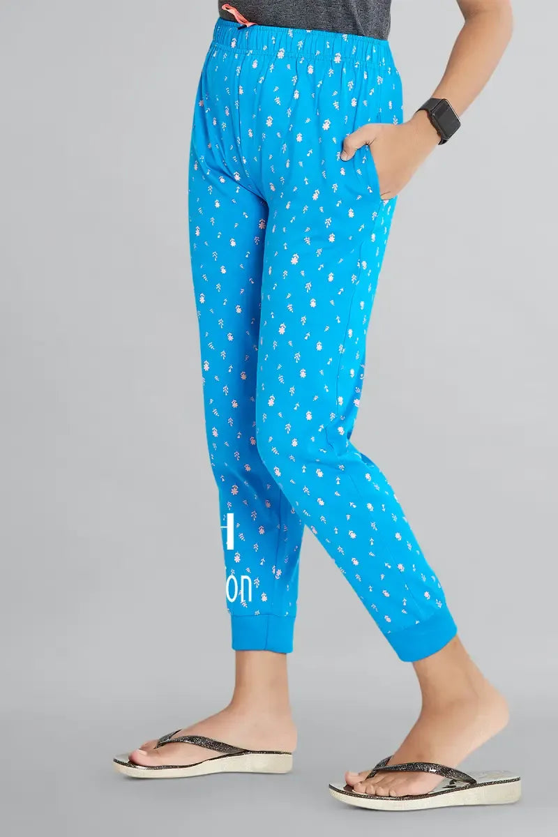 Girl's Cotton Hosiery Printed Track Pant - Blue - View 1