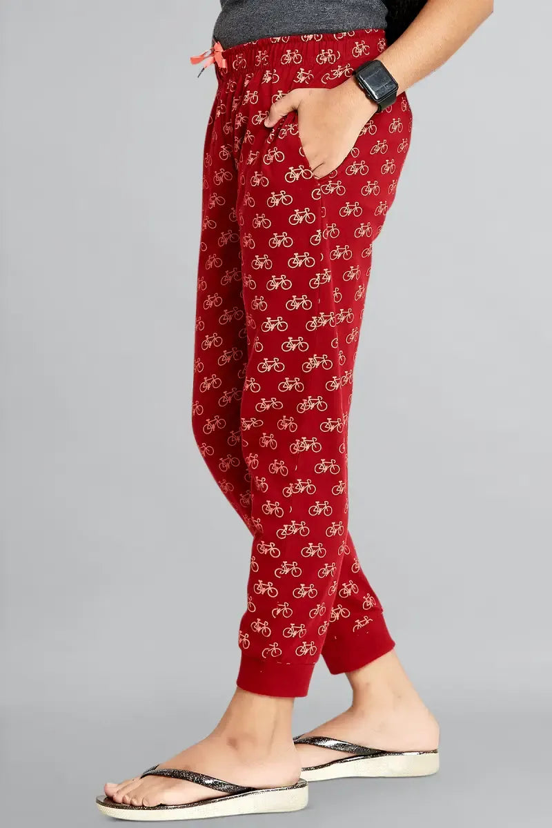 Girl's Cotton Hosiery Printed Track Pant - Maroon - View 1