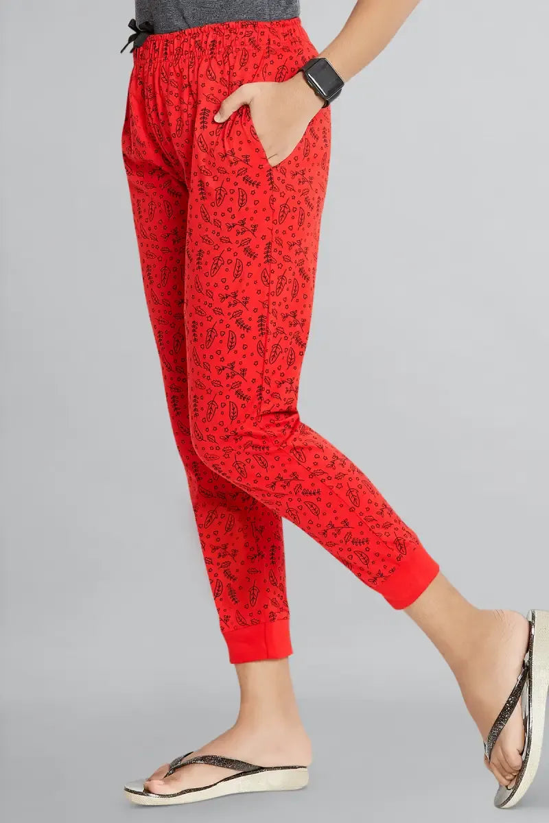 Girl's Cotton Hosiery Printed Track Pant - Red - View 1