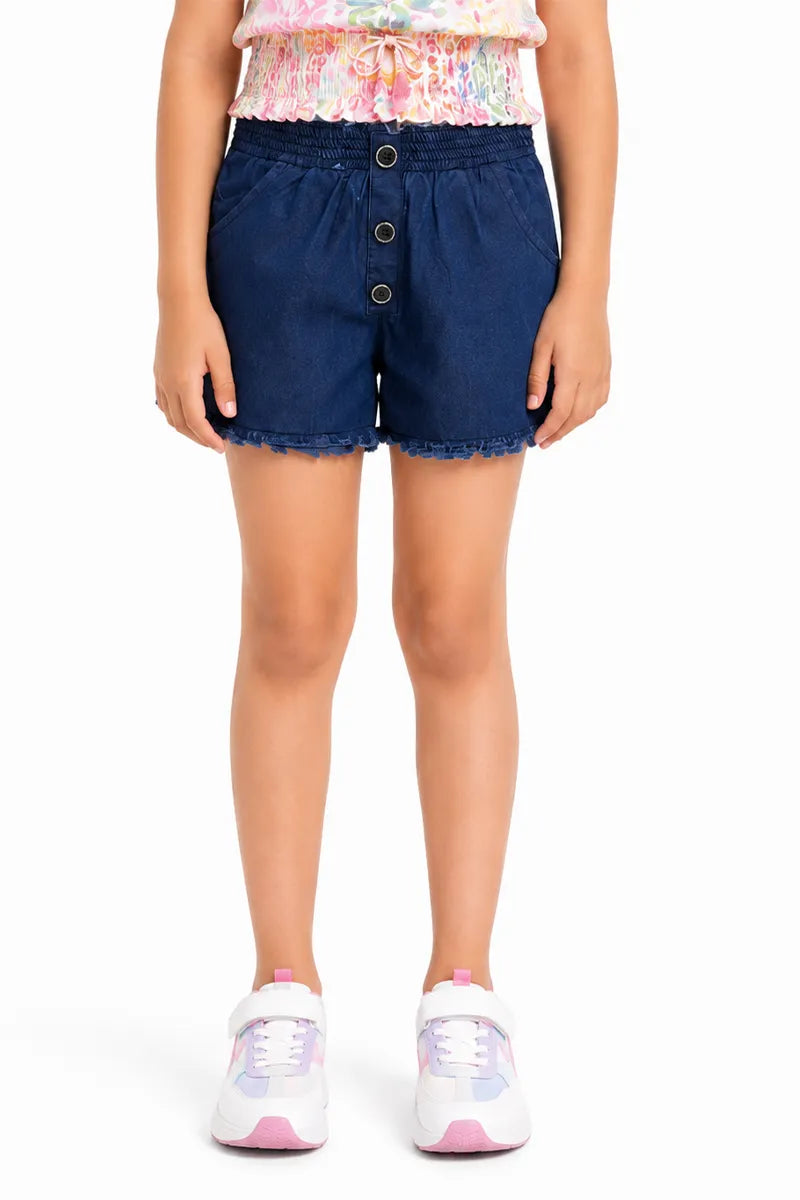 Girl's Cotton Blend Regular Fit Shorts - Dark Blue - View 1