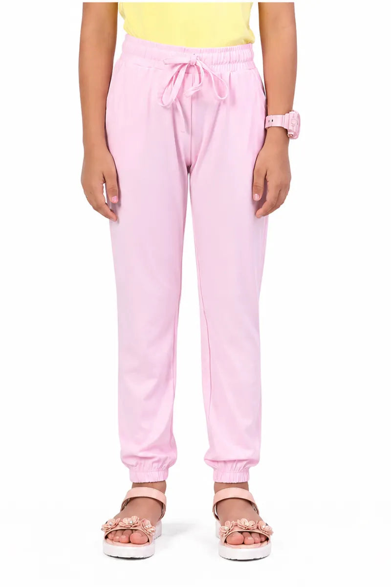 Girl's Cotton Blend Solid Pattern Joggers - Baby Pink - View 1
