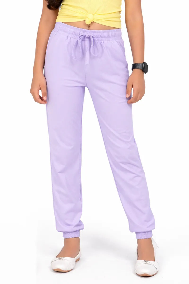 Girl's Cotton Blend Solid Pattern Joggers - Lavender - View 5