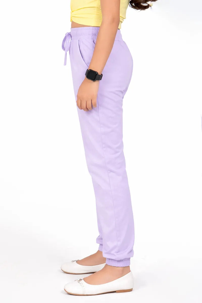 Girl's Cotton Blend Solid Pattern Joggers - Lavender - View 6