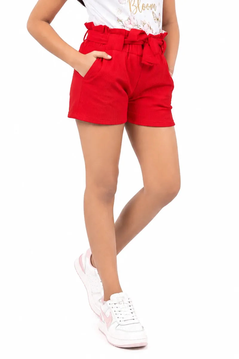 Girl's Corduroy Solid Shorts - Red - View 25