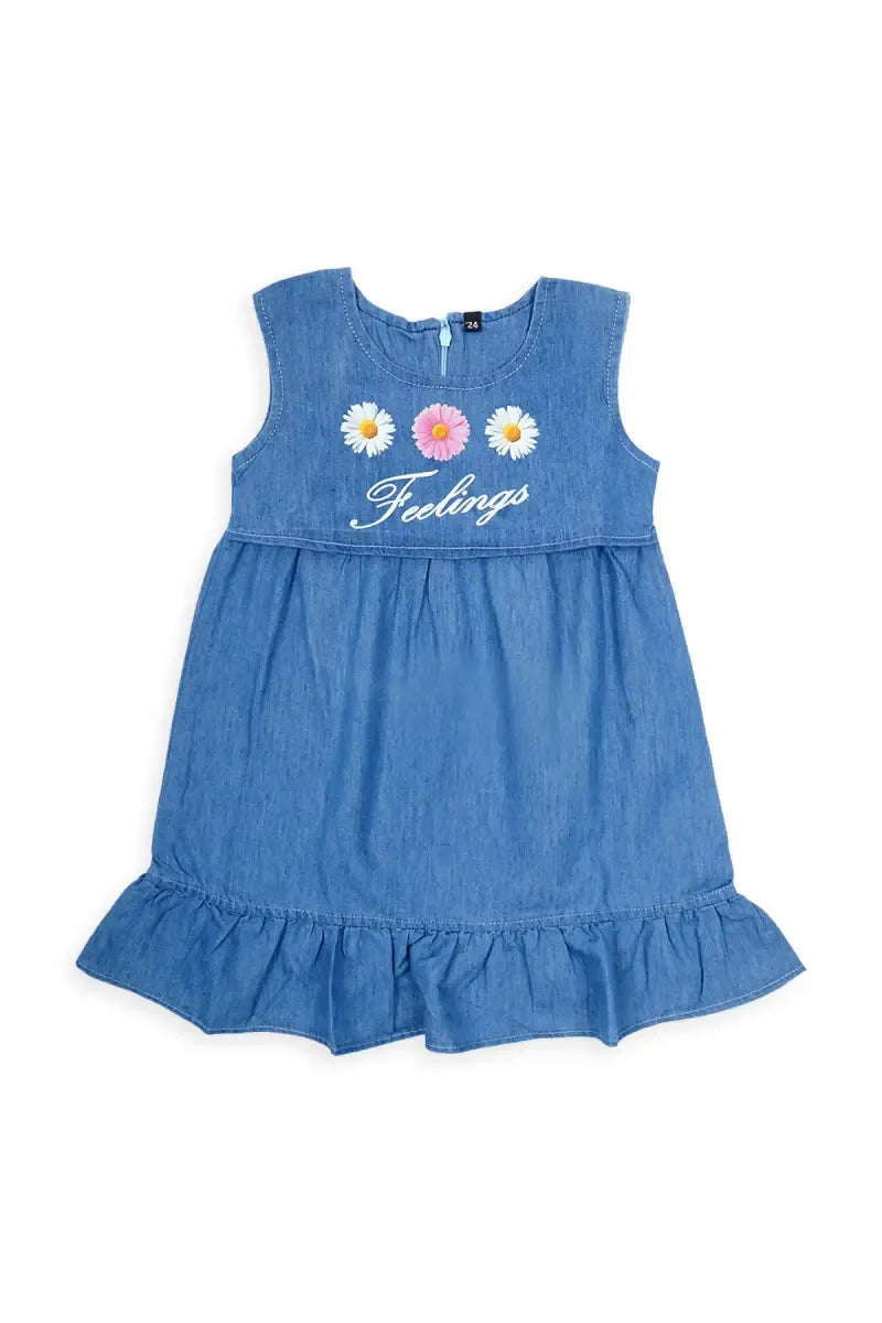 Denim Printed Frock for Girls - Blue - View 1