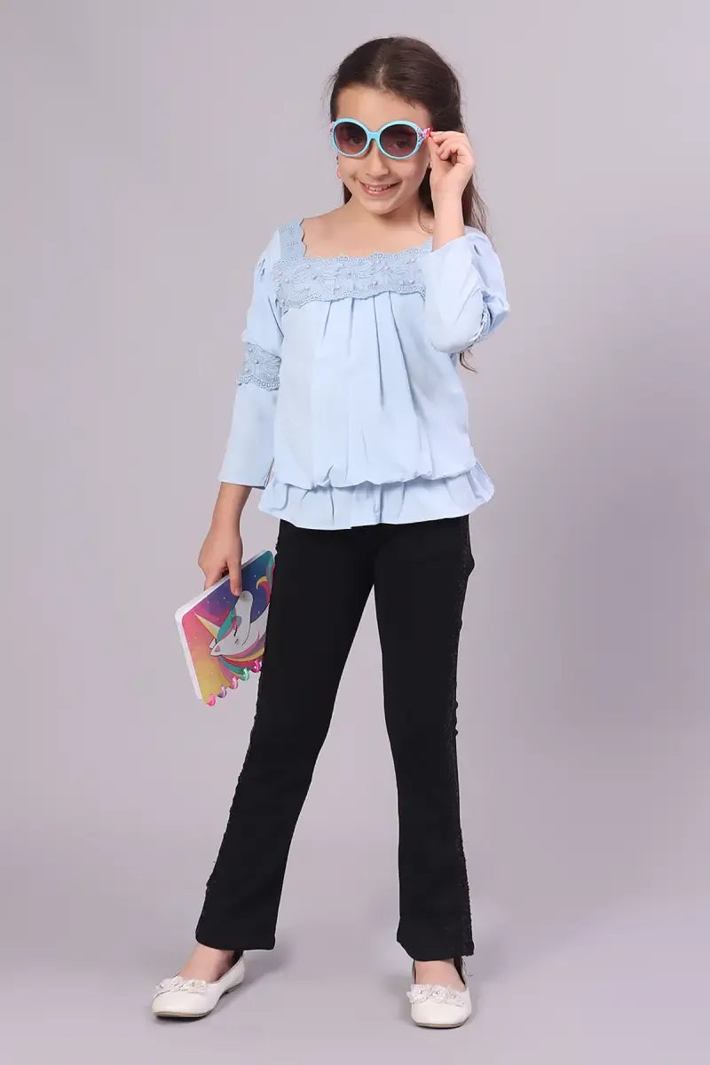 Girl's Polyester Embroidered Top - Blue - View 1