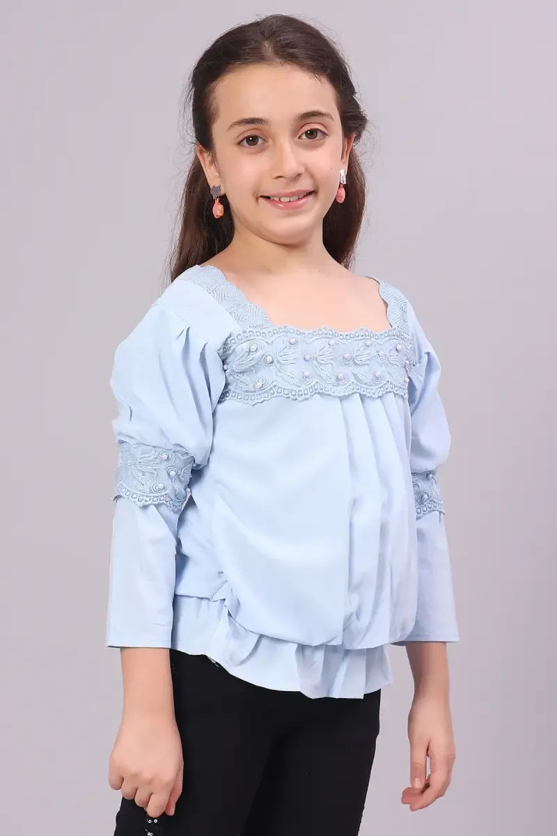 Girl's Polyester Embroidered Top - Blue - View 2