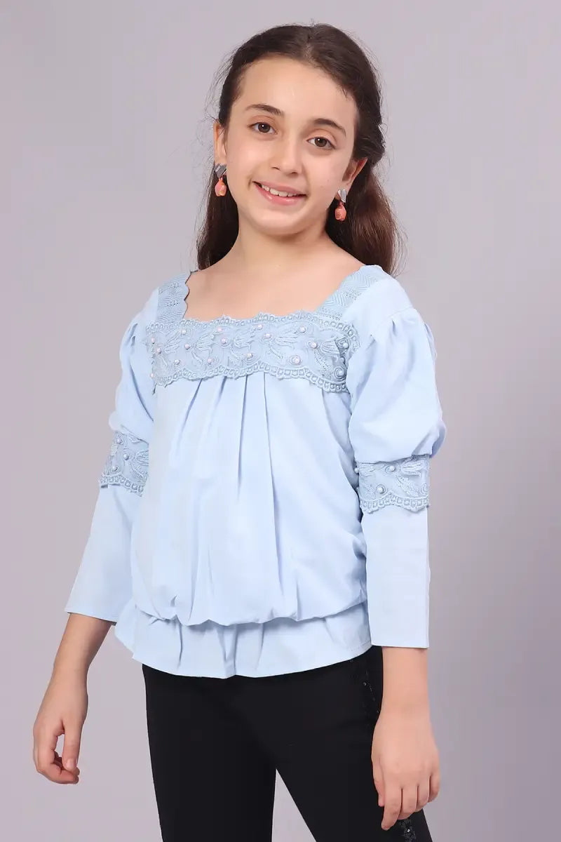 Girl's Polyester Embroidered Top - Blue - View 3
