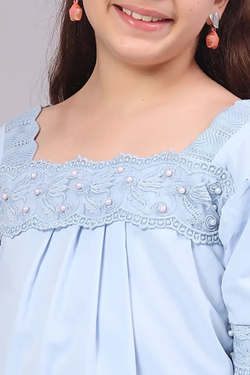 Girl's Polyester Embroidered Top - Blue - View 5