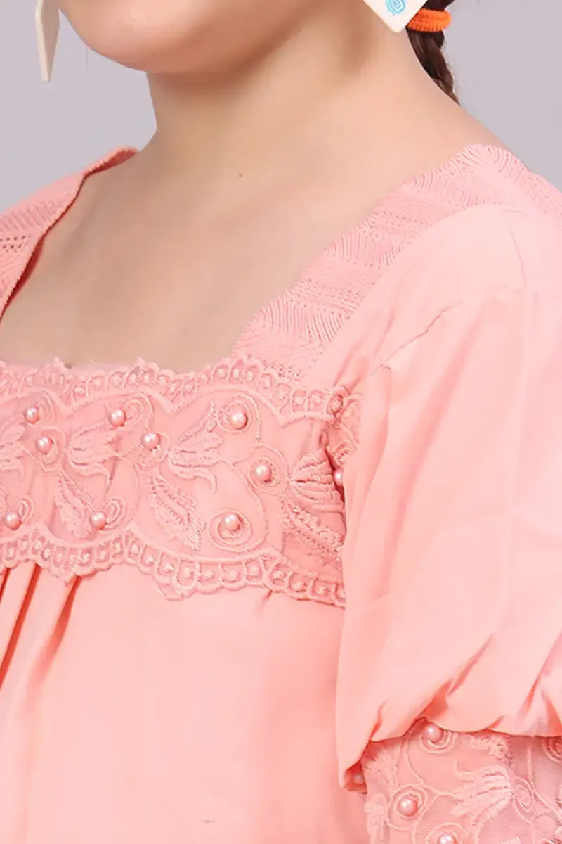 Girl's Polyester Embroidered Top - Peach - View 16