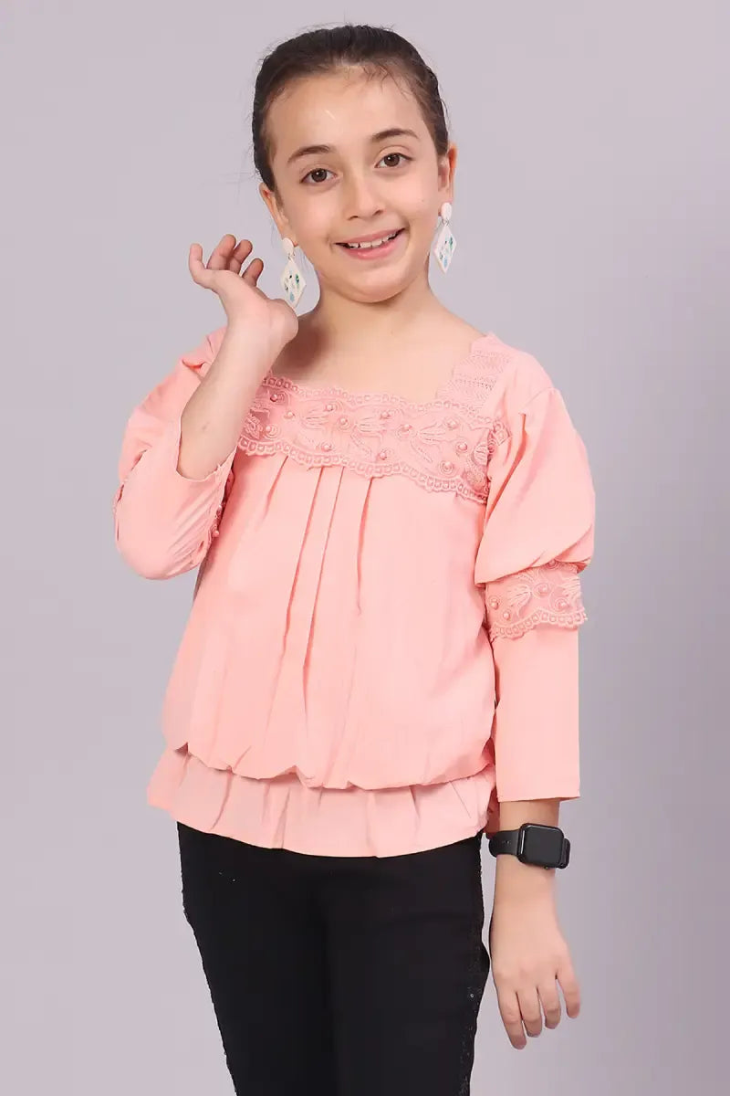 Girl's Polyester Embroidered Top - Peach - View 17