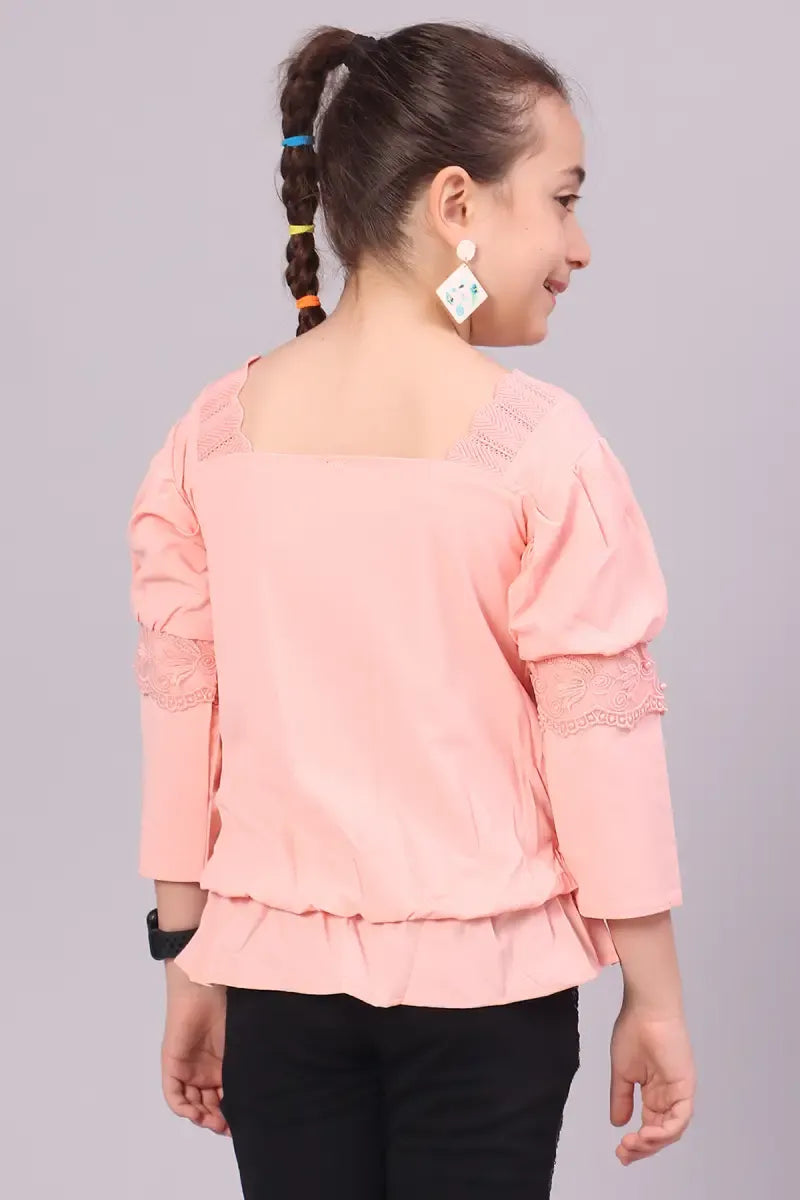 Girl's Polyester Embroidered Top - Peach - View 18