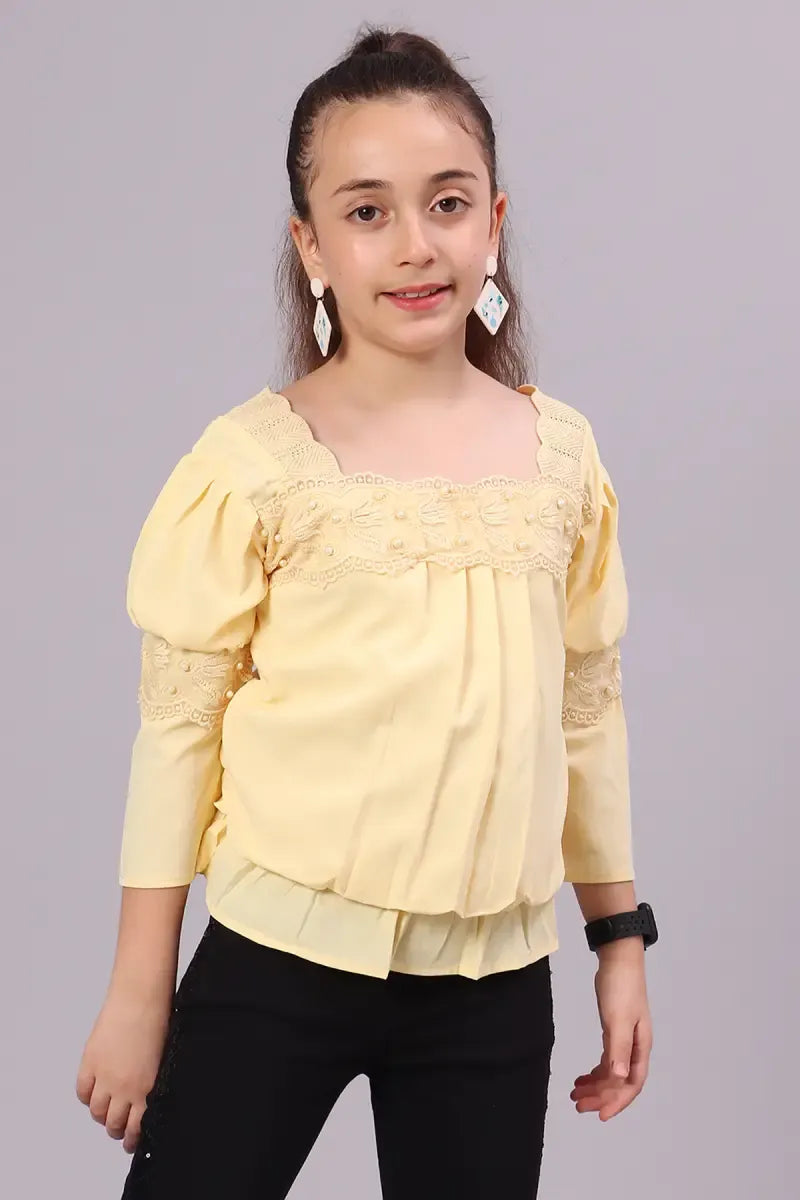 Girl's Polyester Embroidered Top - Yellow - View 26
