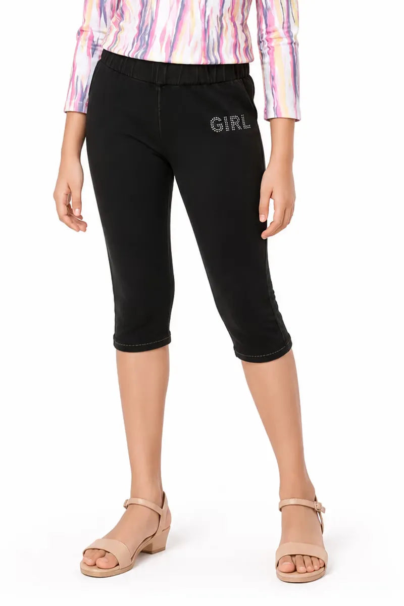 Girl's Denim Solid Capri - Black - View 1