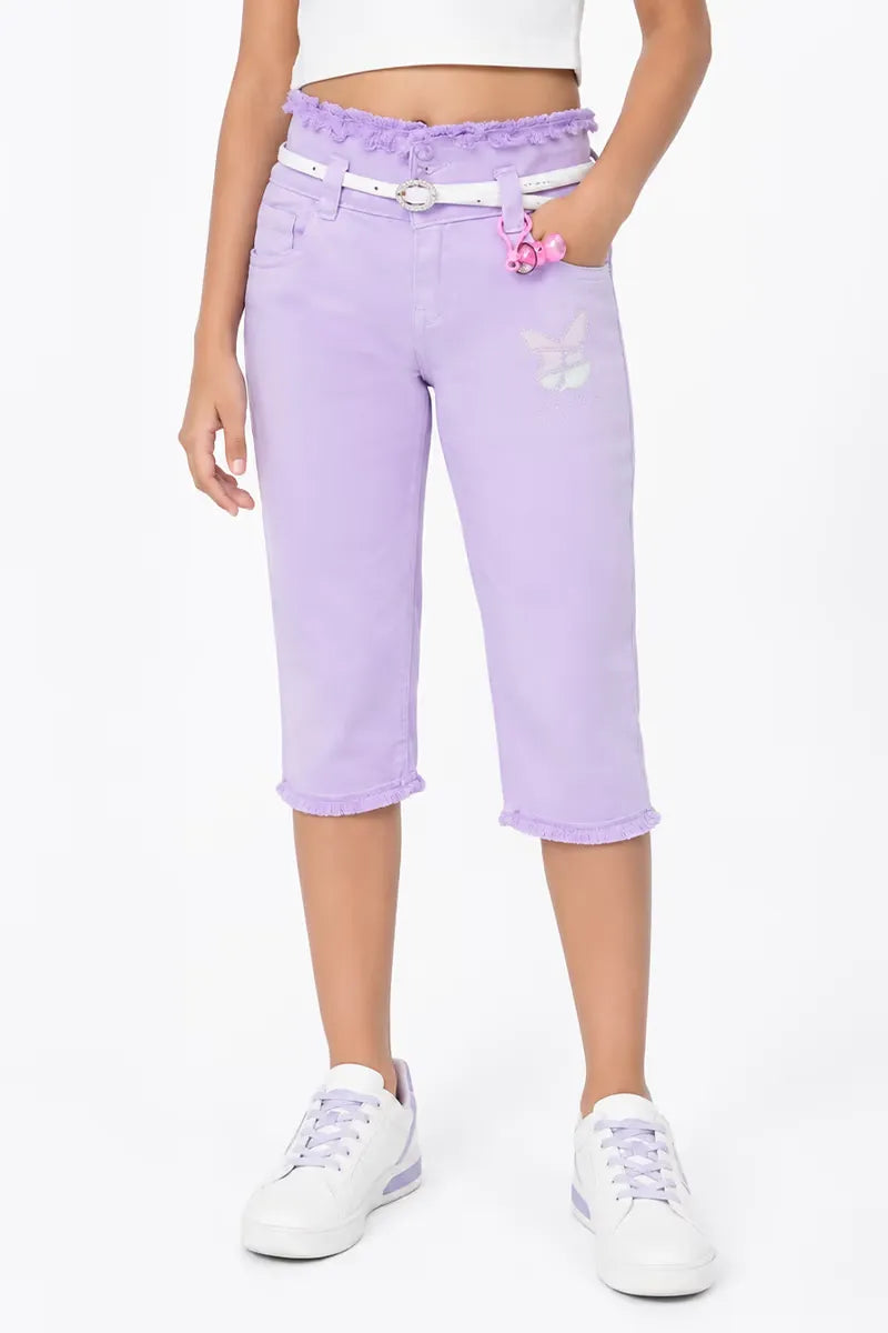 Girl's Denim Solid Capri Pants with Pockets - Lavender - View 1