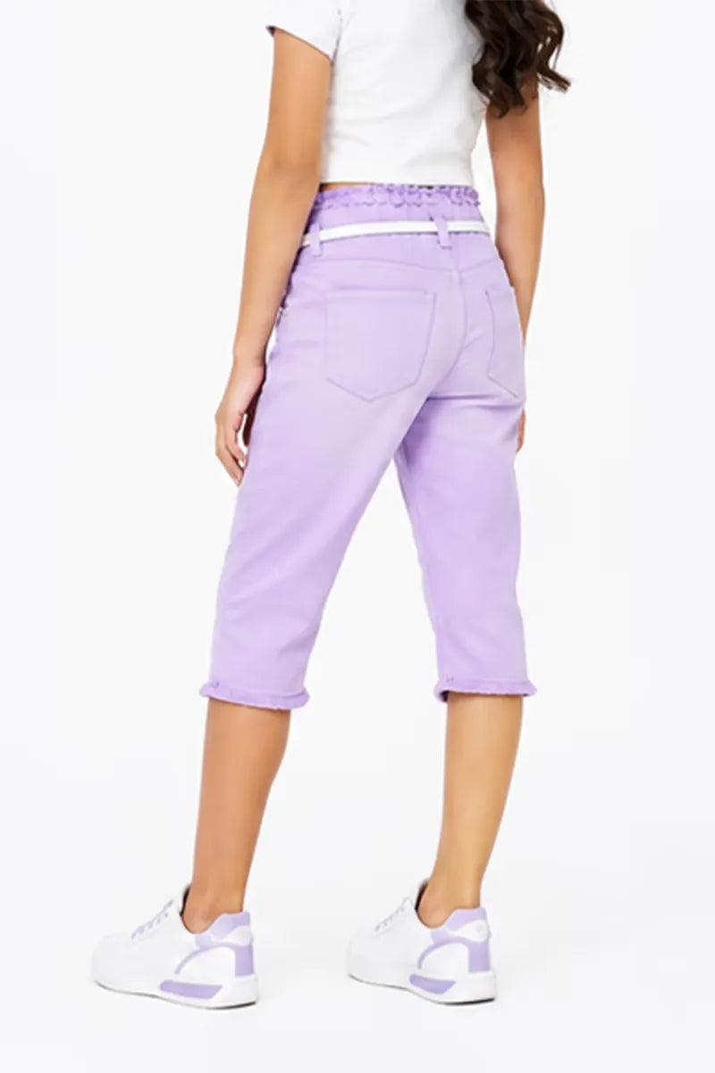 Girl's Denim Solid Capri Pants with Pockets - Lavender - View 3