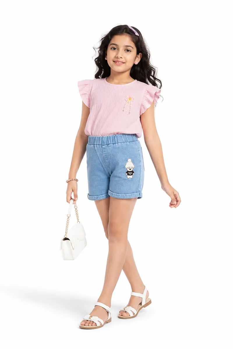 Girl's Denim Solid Shorts - Blue - View 8