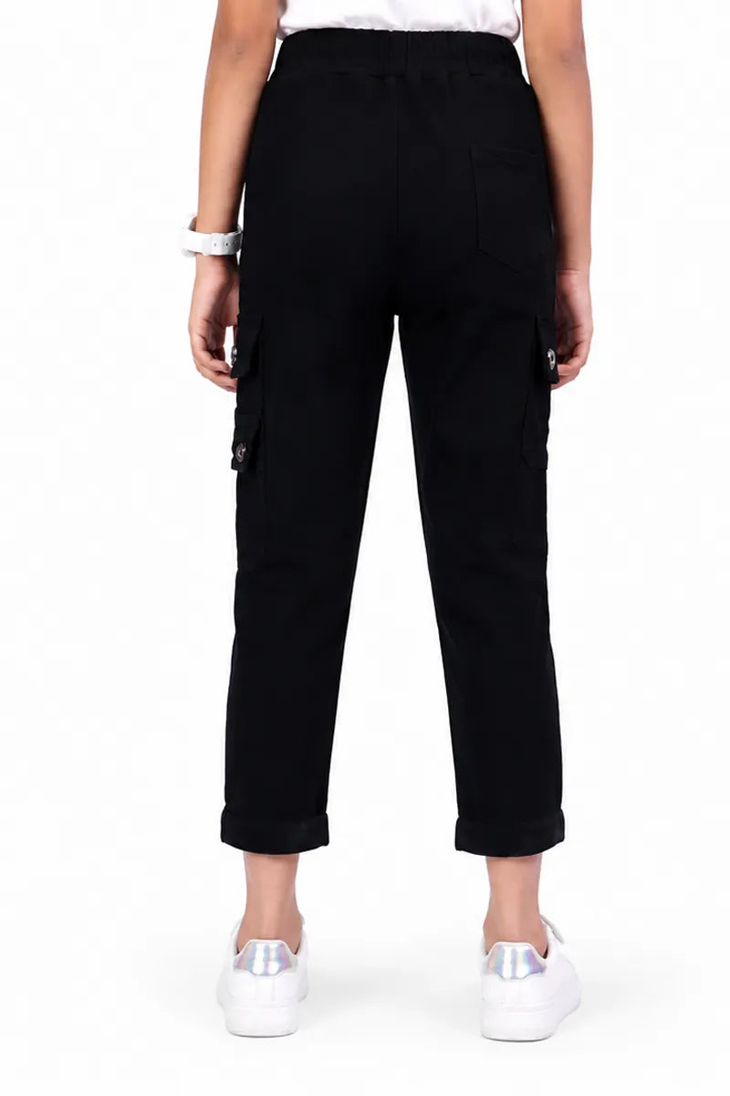 Girl's Denim Solid Joggers - Black - View 3