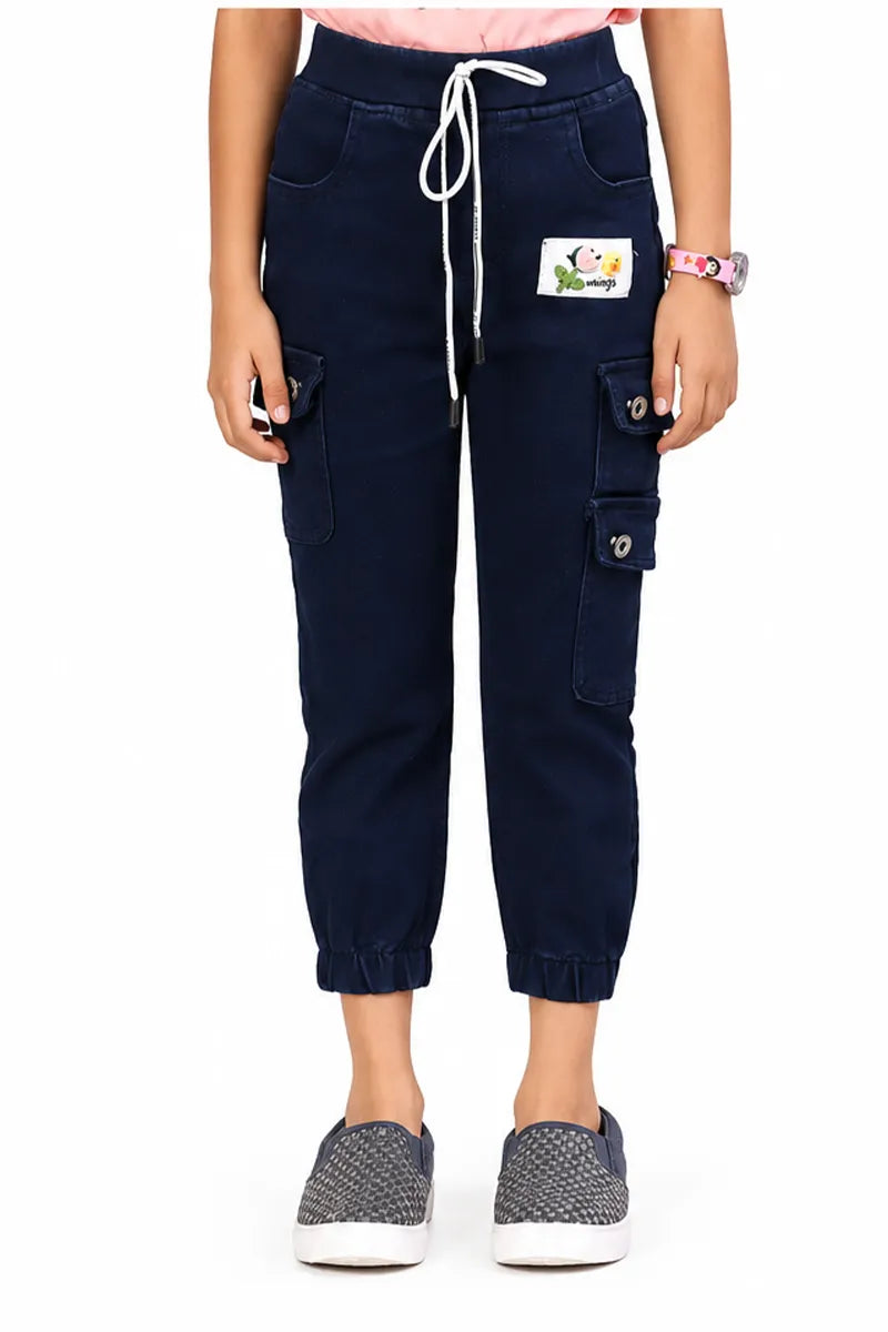 Girl's Denim Solid Joggers - Dark Blue - View 5