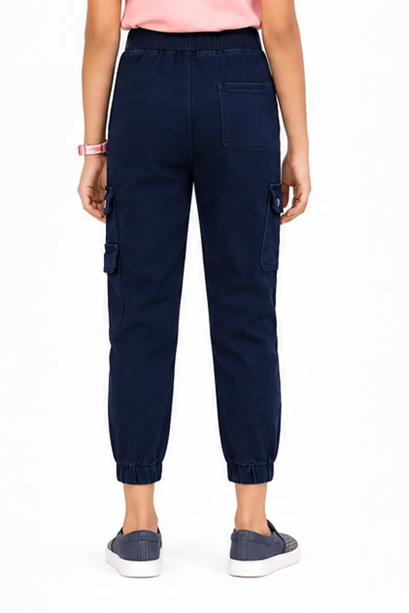 Girl's Denim Solid Joggers - Dark Blue - View 7
