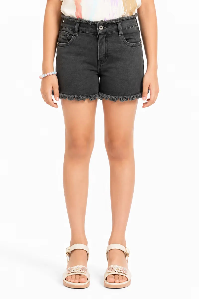 Denim Solid Shorts for Girls - Black - View 1