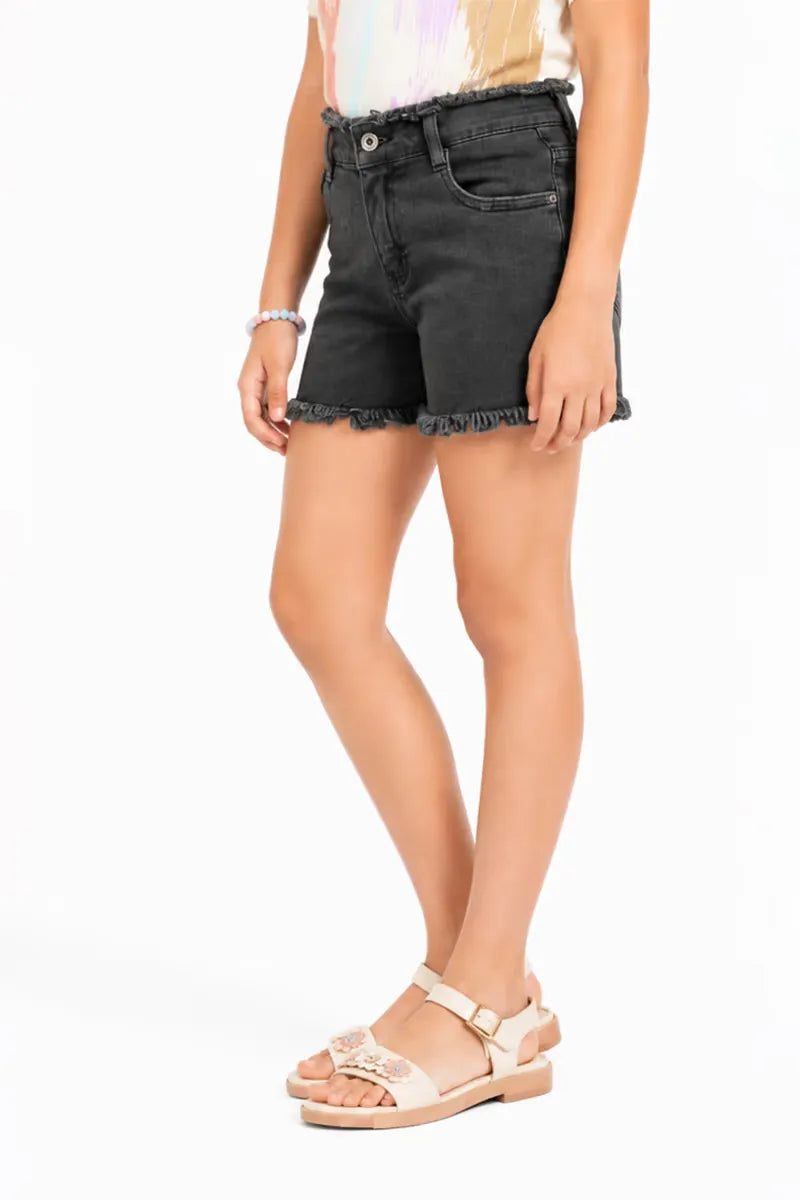 Denim Solid Shorts for Girls - Black - View 2