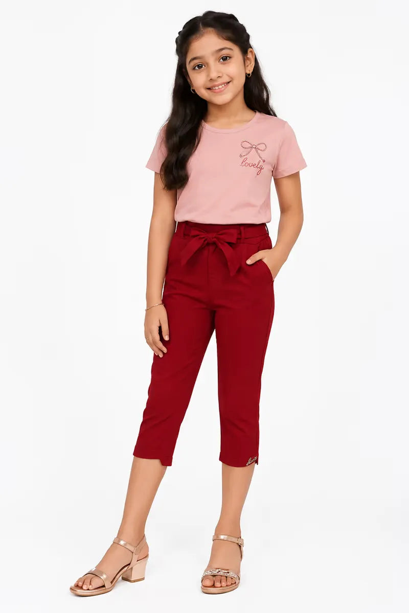 Girl's Cotton Lycra Blend Solid Capri - Maroon - View 8