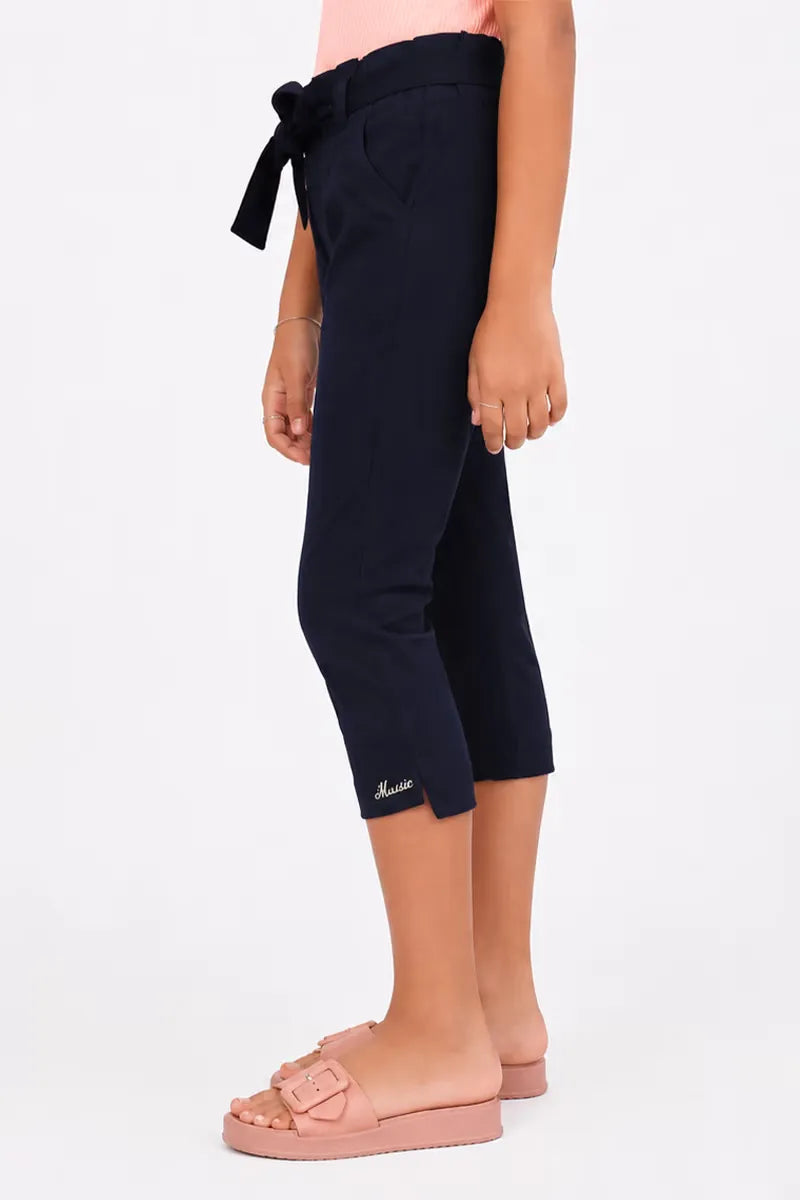 Girl's Cotton Lycra Blend Solid Capri - Navy Blue - View 10