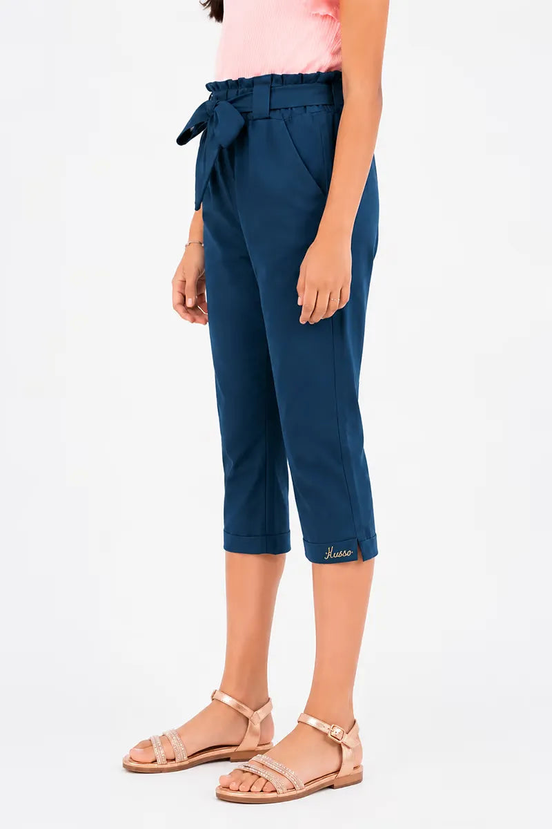 Girl's Cotton Lycra Blend Solid Capri - Teal - View 18