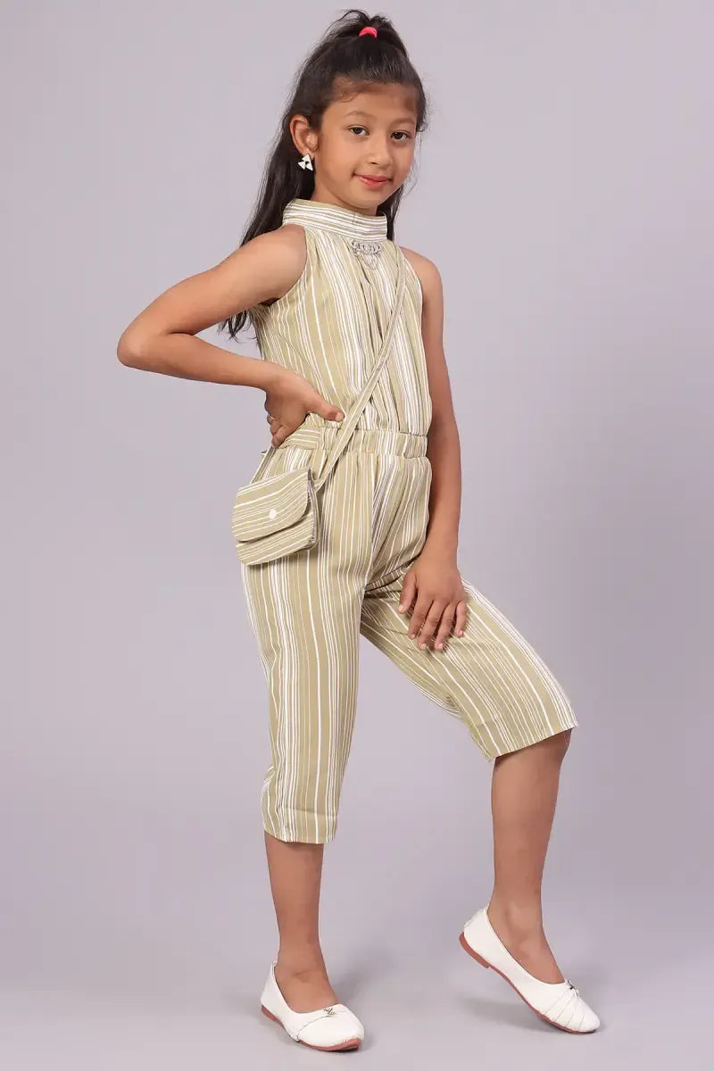Girl's Polyester Striped Pattern Jumpsuit - Olive - View 2