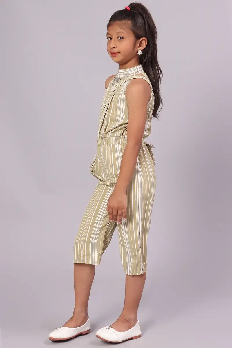 Girl's Polyester Striped Pattern Jumpsuit - Olive - View 3