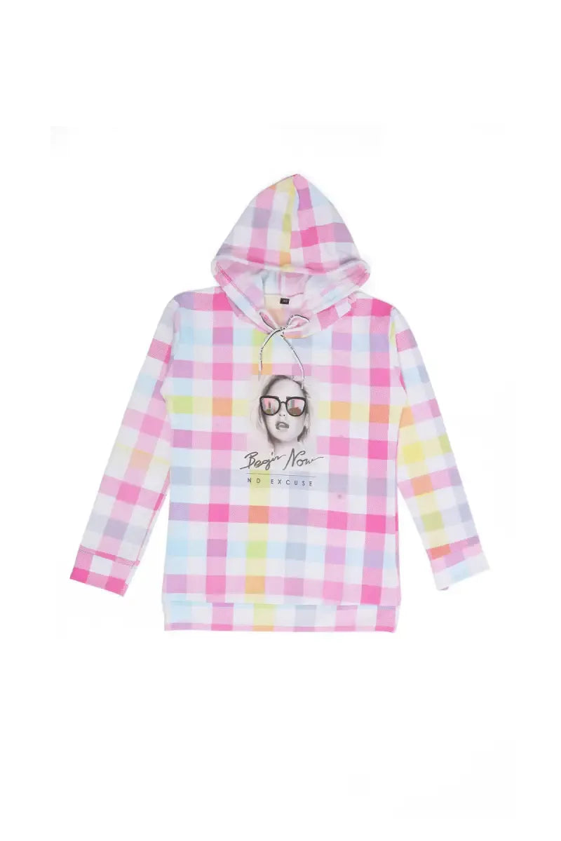 Polyester Checked Hoodie for Girls - Pink - View 1