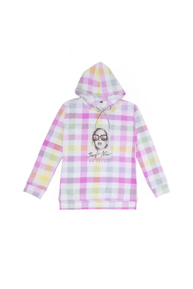 Polyester Checked Hoodie for Girls - Purple - View 3