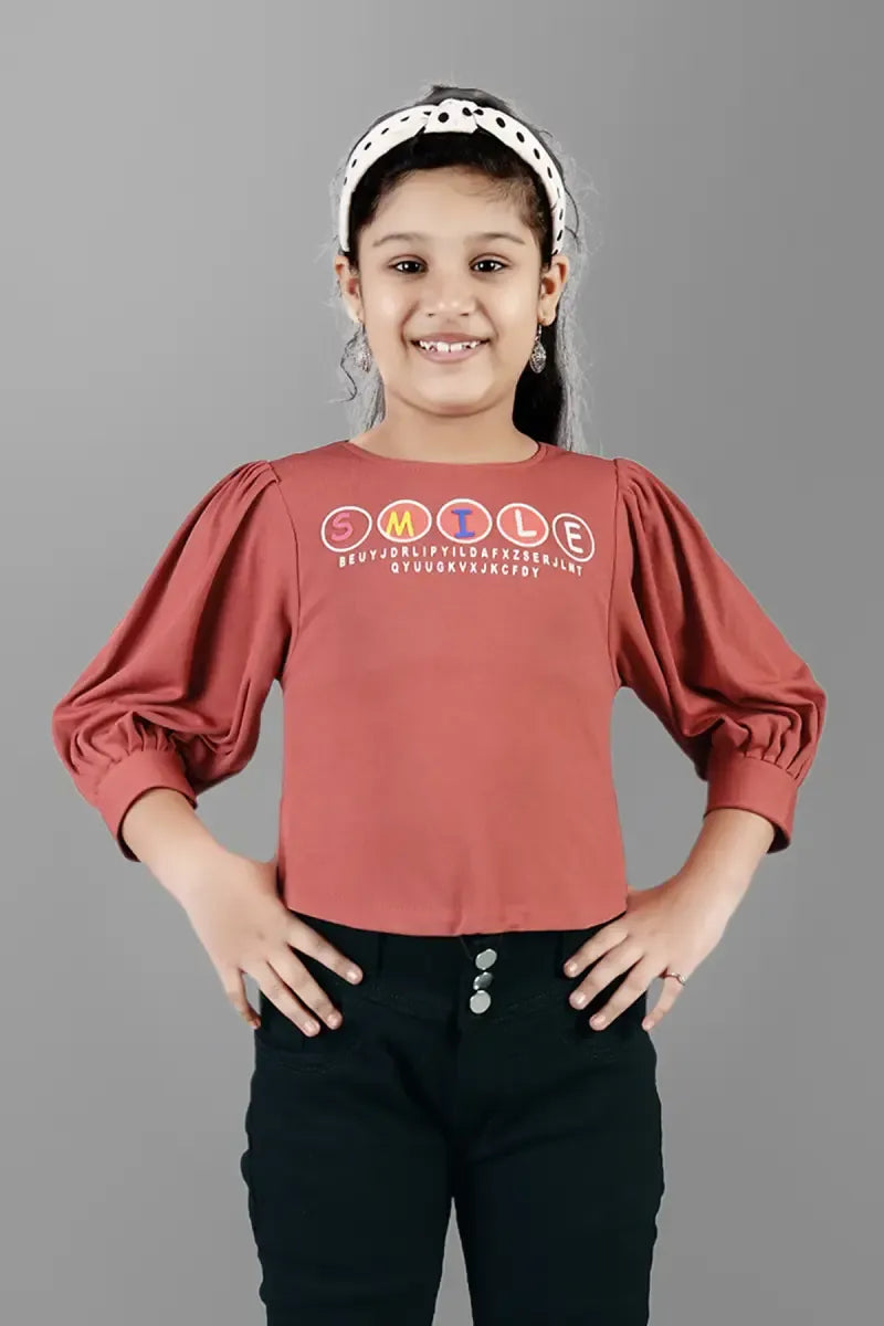 Girl's Cotton Lycra Blend Printed Top - Dusty Pink - View 1